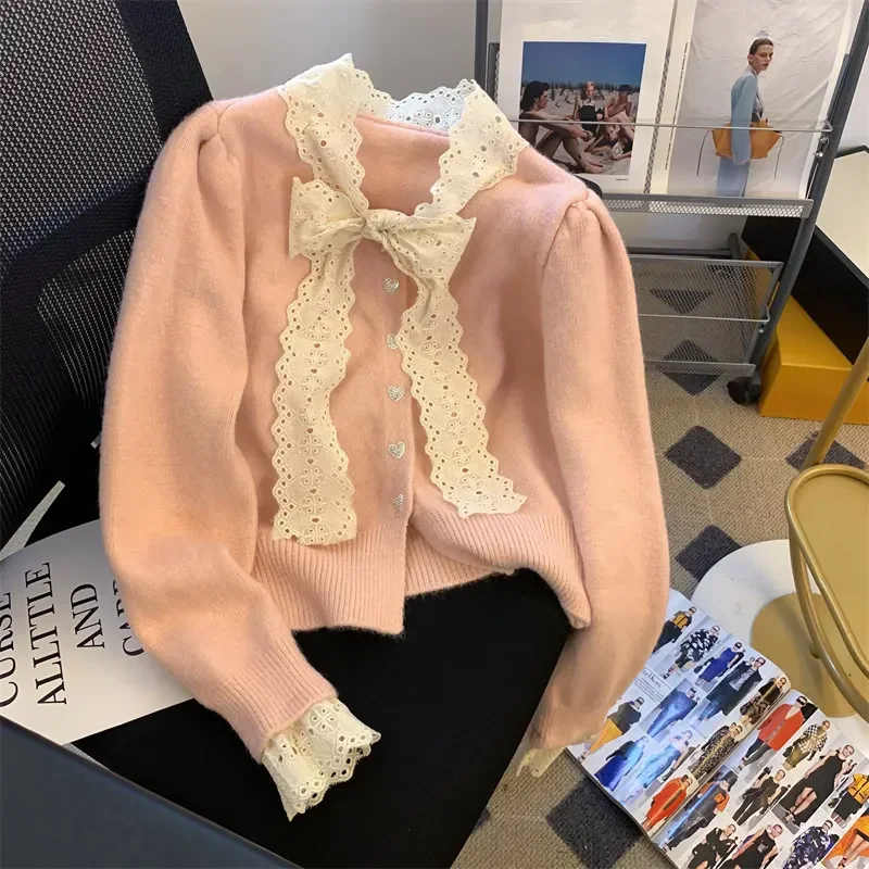 French Autumn Winter Lady Graceful Lace Bowknot Pathwork Sweater Cardigan Lady Sweet Pink Knitted Bottoming Tops New Knitwear