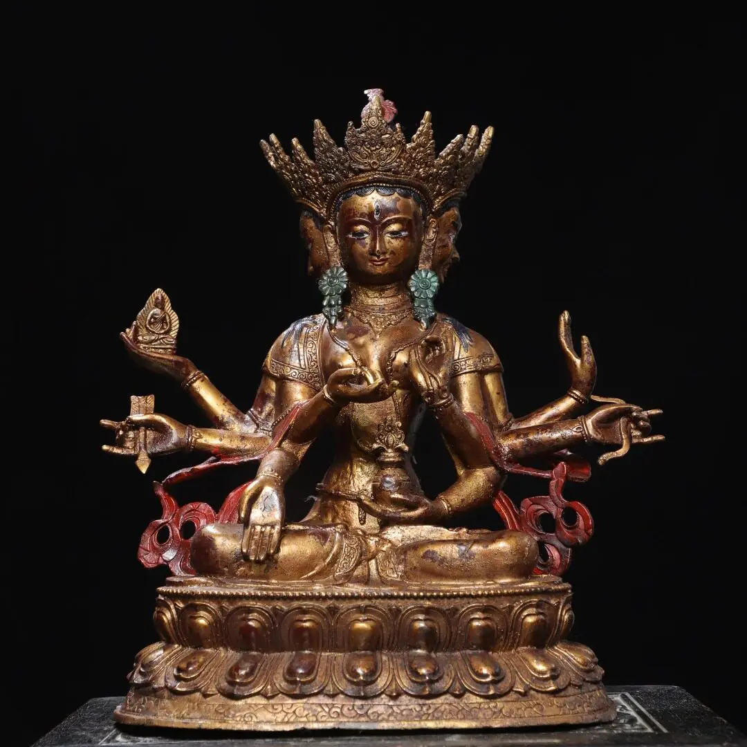 Nepal Tibetan Ushnishavijaya Goddess Statue 3 Face 8 Arms Pure Copper Home Altar Figurine