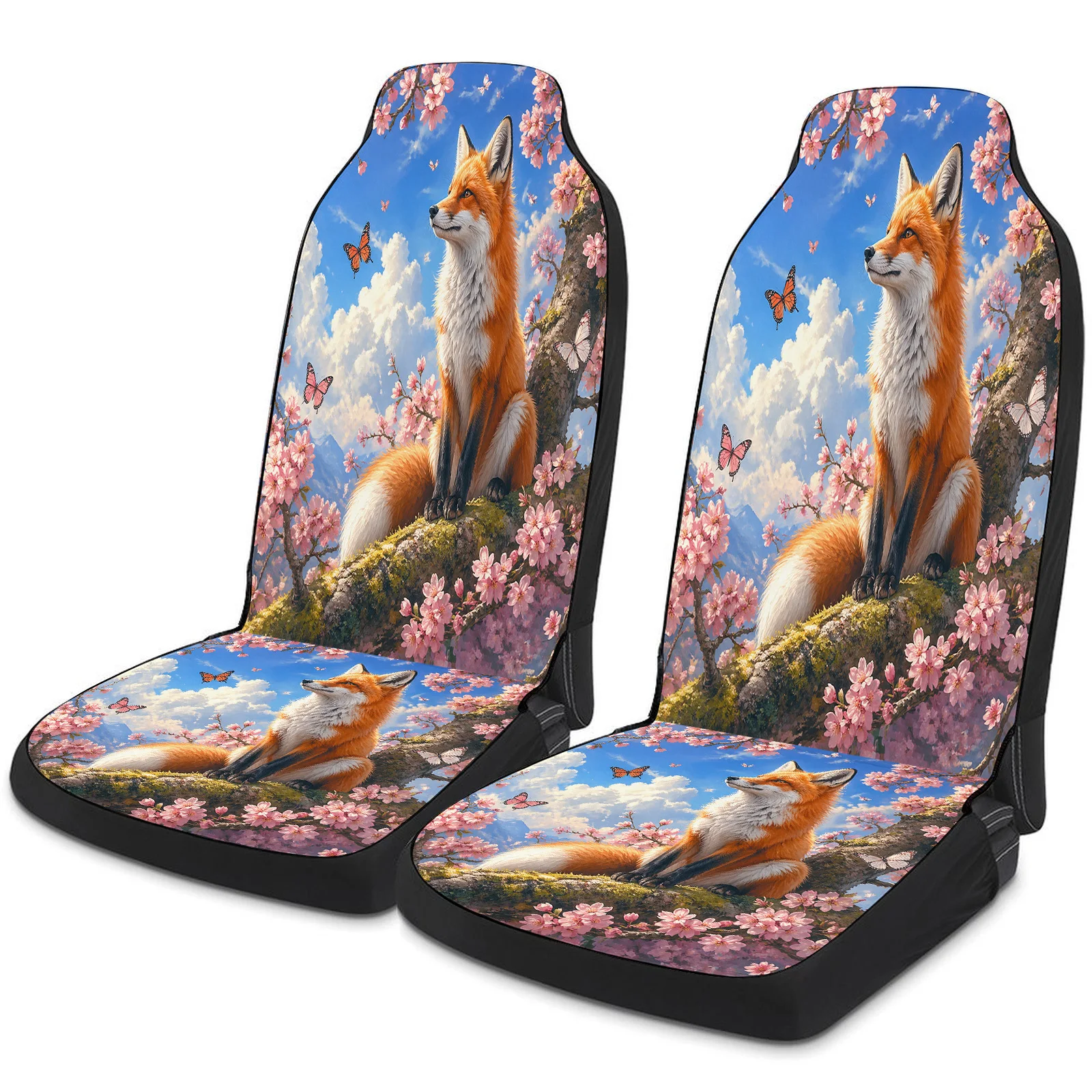 Fox Cherry Blossoms Pattern Car Seat Cover Set For Most Cars Trucks, Fashionable Breathable Car Seat Protector Covers Full Set,