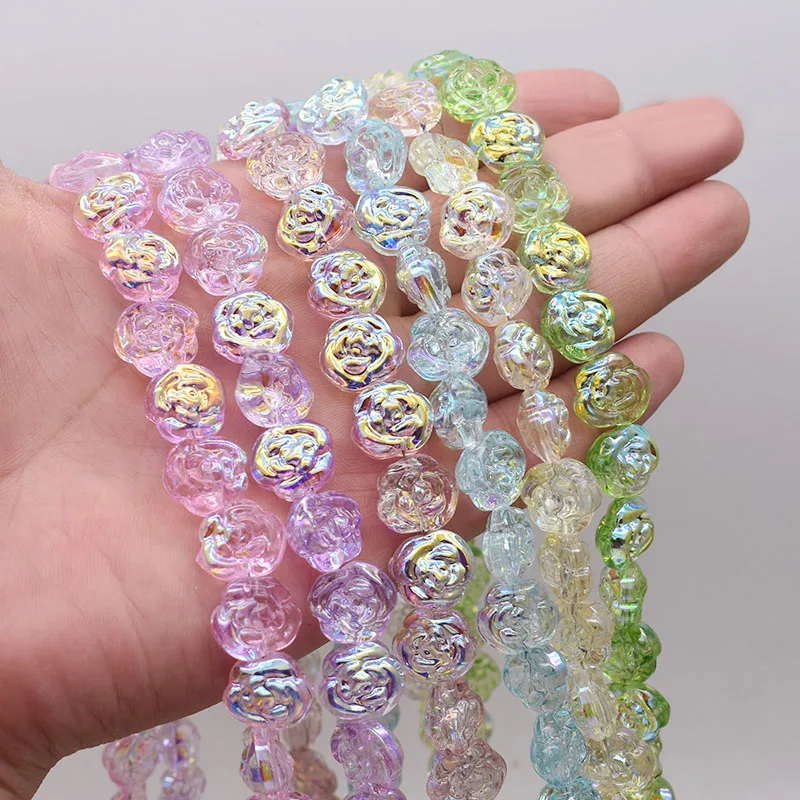 14mm 20pcs/bag Mix Color Plating AB Color Pink Purple Rose Flower Shape Glass Beads Loose Space Beads For Jewelry Making DIY
