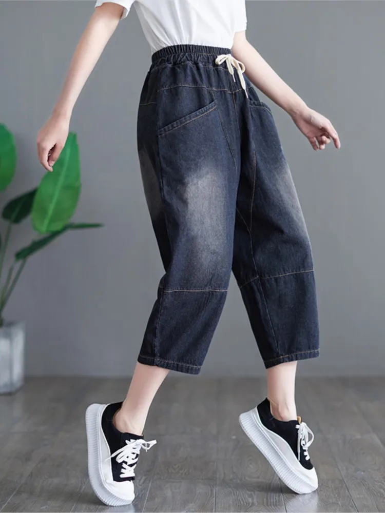 Oversized Jeans Zomer Elastische Hoge Taille Broek Vrouwen Losse Geplooide Mode Dames Broek Casual Vrouw Harem Broek