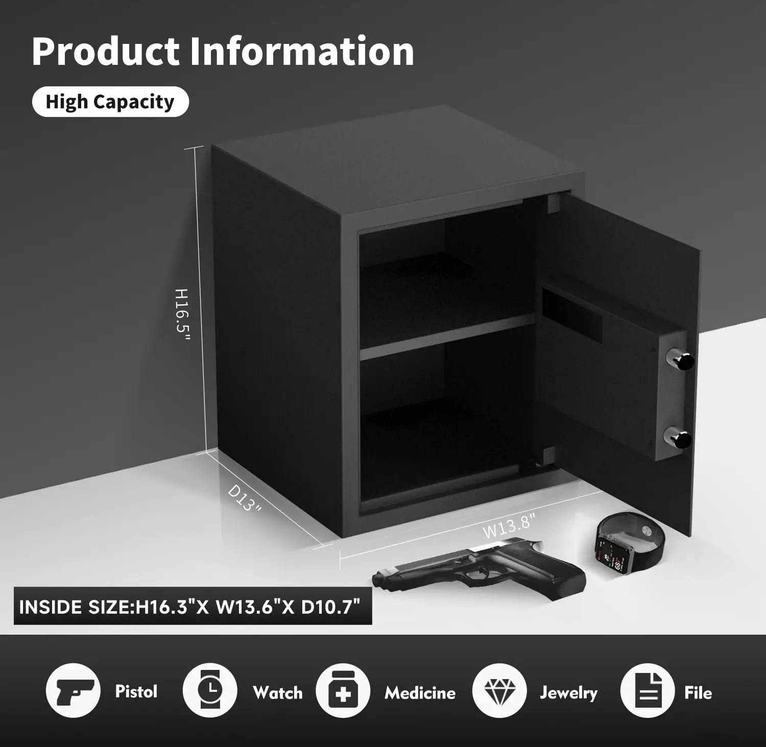 Smart Biometric Safe Box, 1.7 คิวฟุต Quick Access ปลดล็อคด้วยลายนิ้วมือ/ปุ่มกด/คีย์/พอร์ต USB สําหรับหลายปืนพก, Security Stee