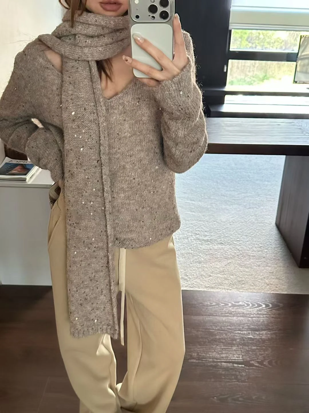 

Свитер Cleanfit V-Ne с блестками из шерсти, женский, свободный, зимний, модный, вязаный топ с шарфом, из полиэфирного волокна, длинный рукав