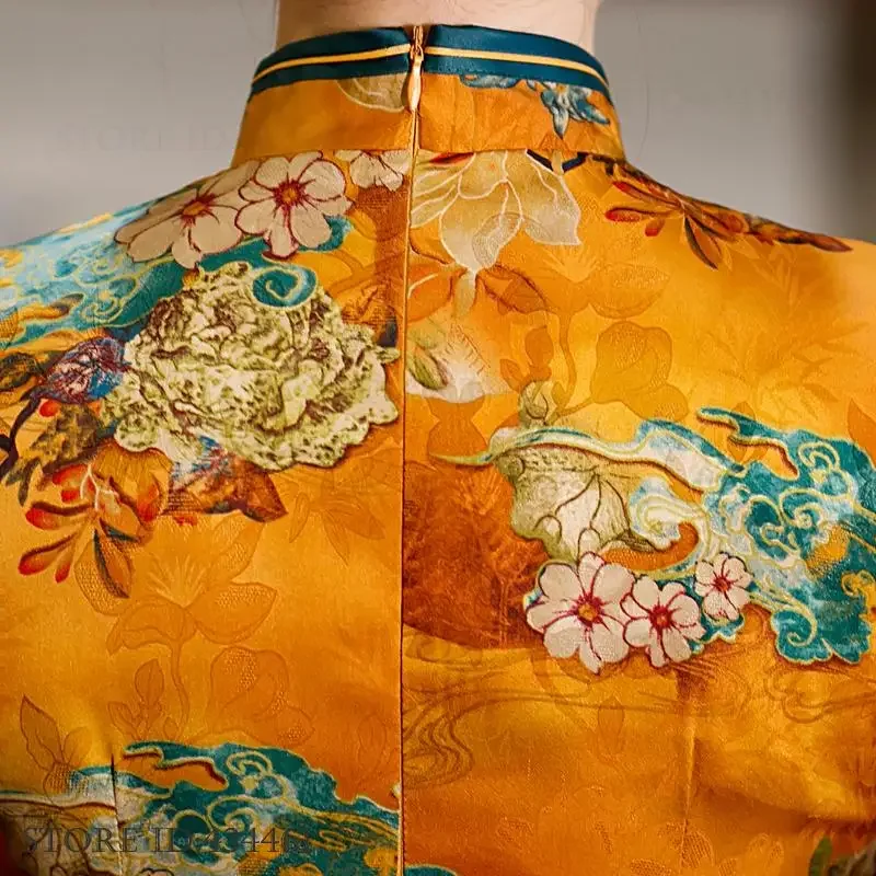 中国風のドレス伝統的なクラシックなマンダリンカラーチャイナドレス大きいサイズプリントフラワー女性ロング袍セクシーなスリム Vestidos