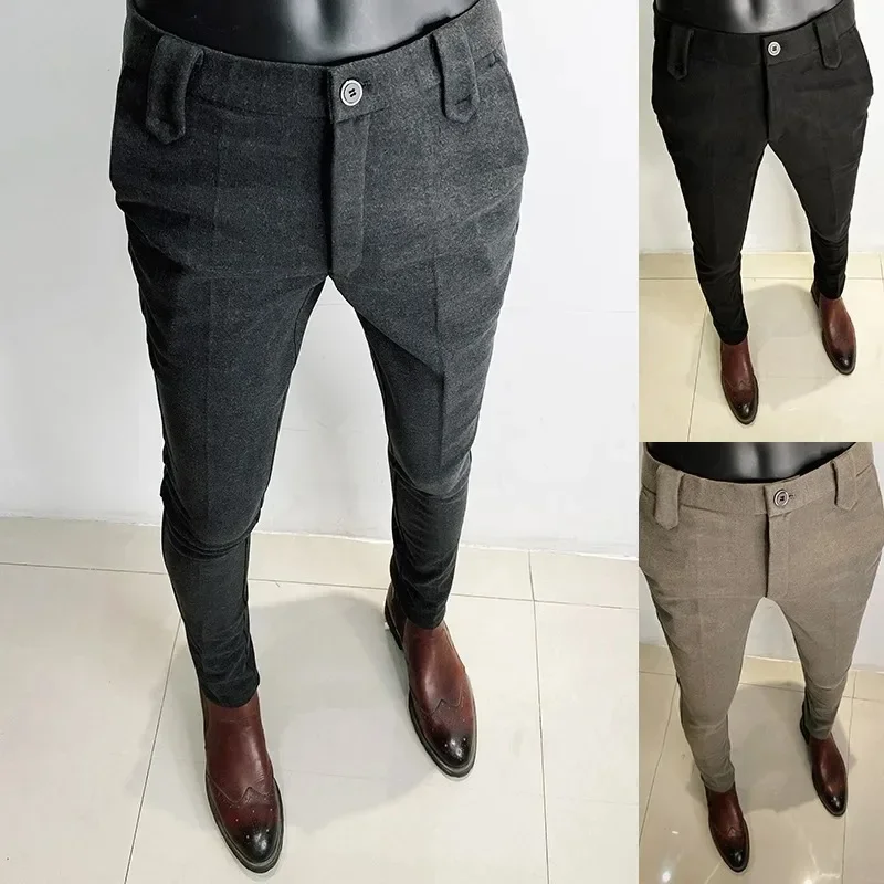 Men Trousers 2025 Winter Dress Pants Woolen Thicken Keep Warm Slim Fit Pantalones Hombre Casual Formal Suit Pants Men Clothing