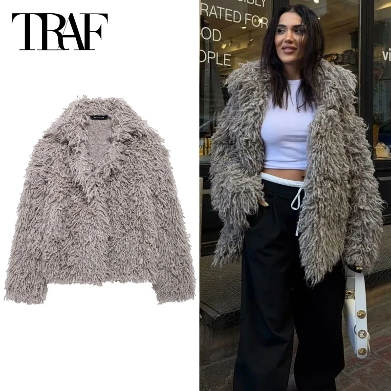 TRAF 2024 Women Jacket Knitted Faux Fur Coat Warm Winter Short Jacket Elegant Long Sleeve Cropped Plush Parkas New In Outerwears