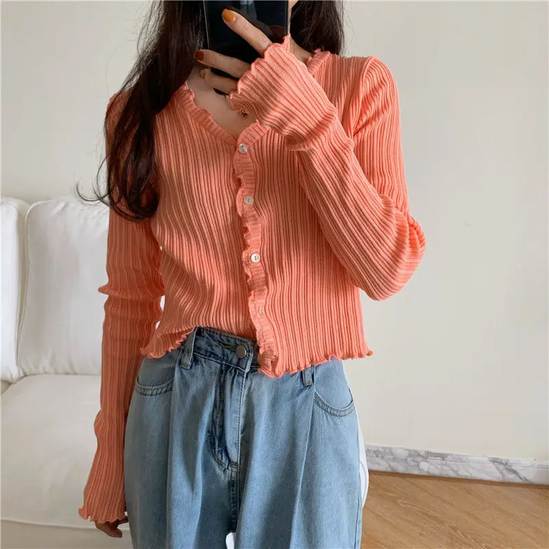 Summer Cardigan Women Korean Fashion Sweet V-neck Ruched Button Pleated Long Sleeve Comfortable Cropped Cardigans Student