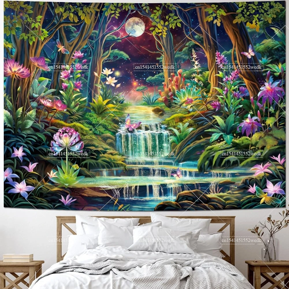 Forest Moon Blacklight Tapestry UV Reactive Neon Galaxy Space Black Light Tapestrys Glow In The Dark Wall Decor Party Backdrops