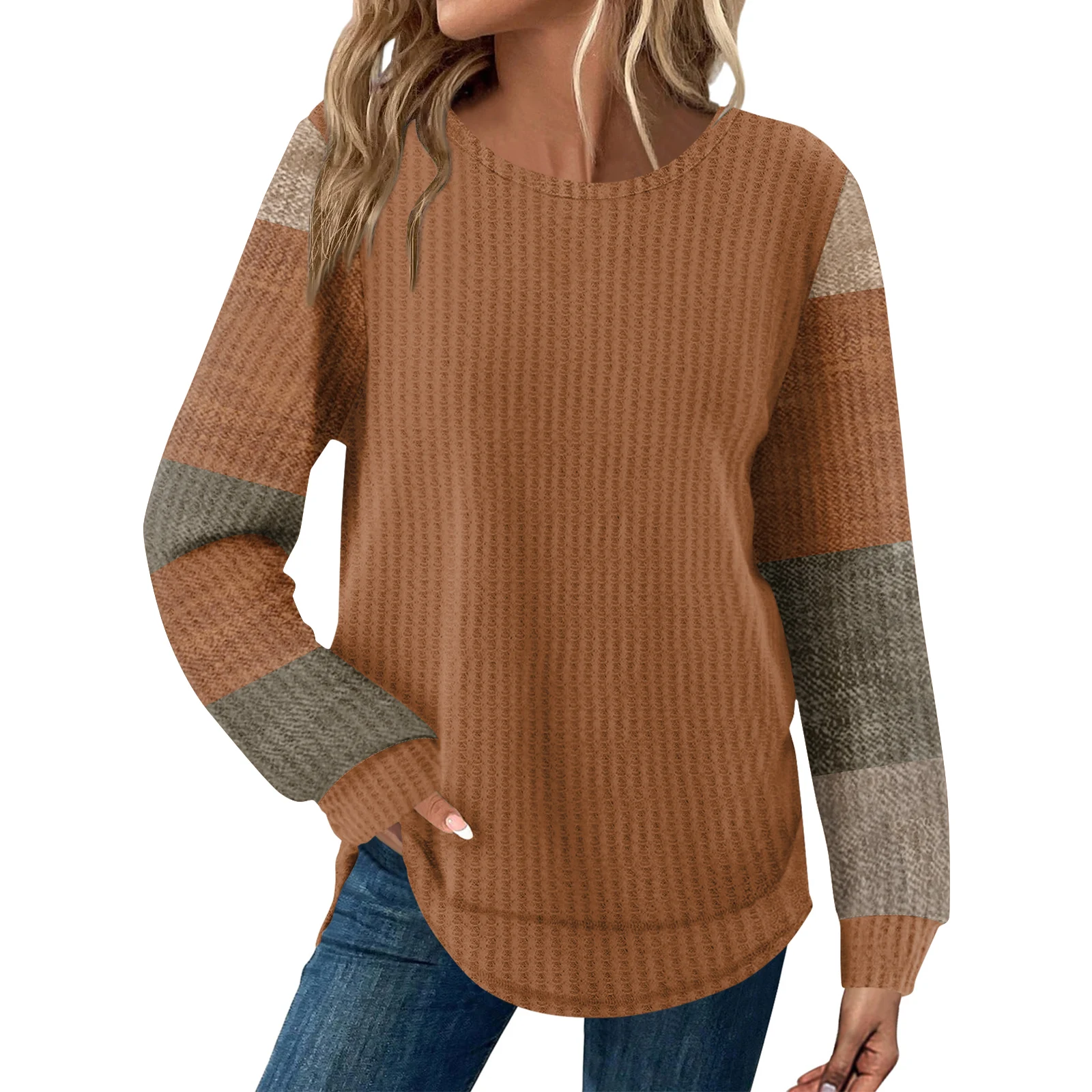 

Women'S Plaid Print Round Neck Long Sleeve Casual Loose Top Autumn Winter Sweatshirts Women Fashion Waffle Patchwork Long Sleeve