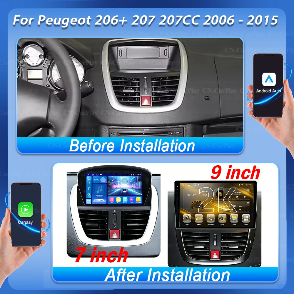 For Peugeot 206+ 207 207CC 2006 - 2015 Android 16 Auto Car Radio Carplay Multimedia Player GPS Navigation DSP Car Stereo Screen
