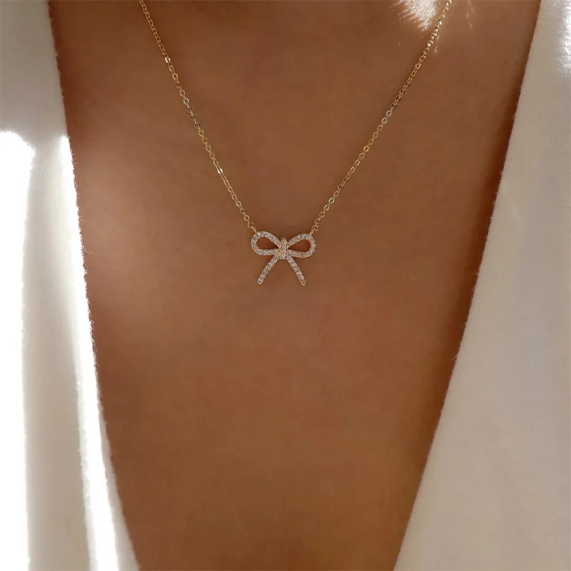

Minimalist Bow Necklace - Alloy Chain with Crystal Accents, Elegant Layered Y Necklace for Women