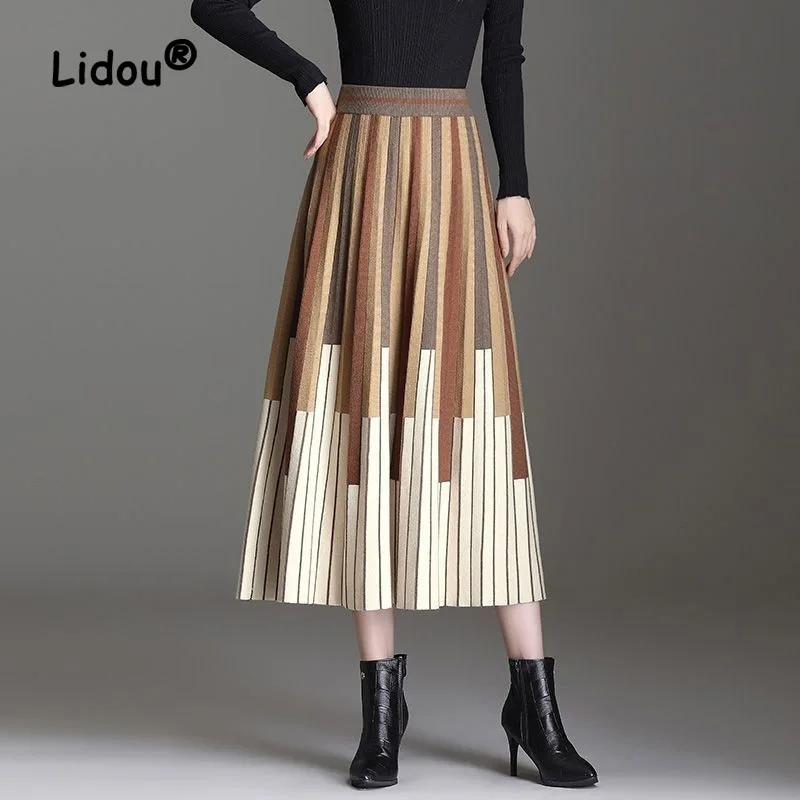 

Fashion Woolen Slim Skirt Women's Autumn Winter New High Waist Stripe Loose Office Knitted Pleated Lady A-line Skirt 2023