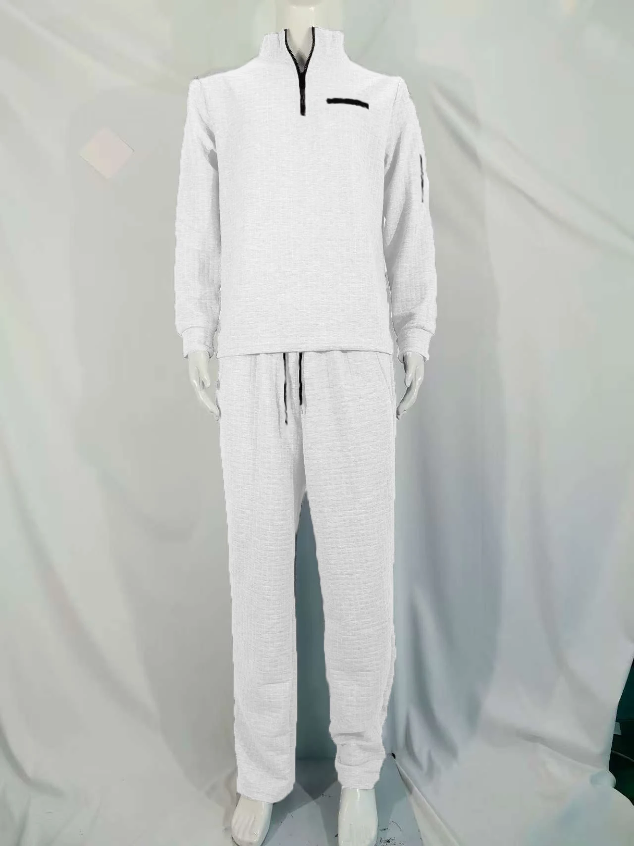 Nieuw geheel wit herenpak in effen kleur met geruit patroon, casual lange mouwen, opstaande kraag, tailleband met trekkoord