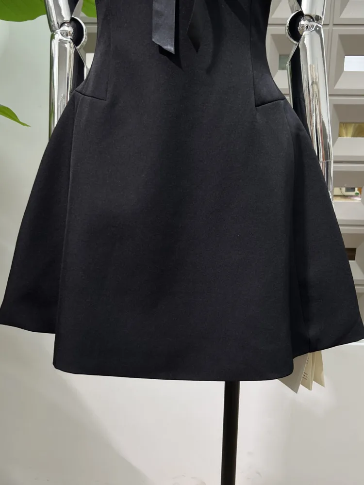 Dfdg feminino preto retalhos puff manga curta smocked cintura vestido elegante designer premium cocktail festa primavera verão 2025