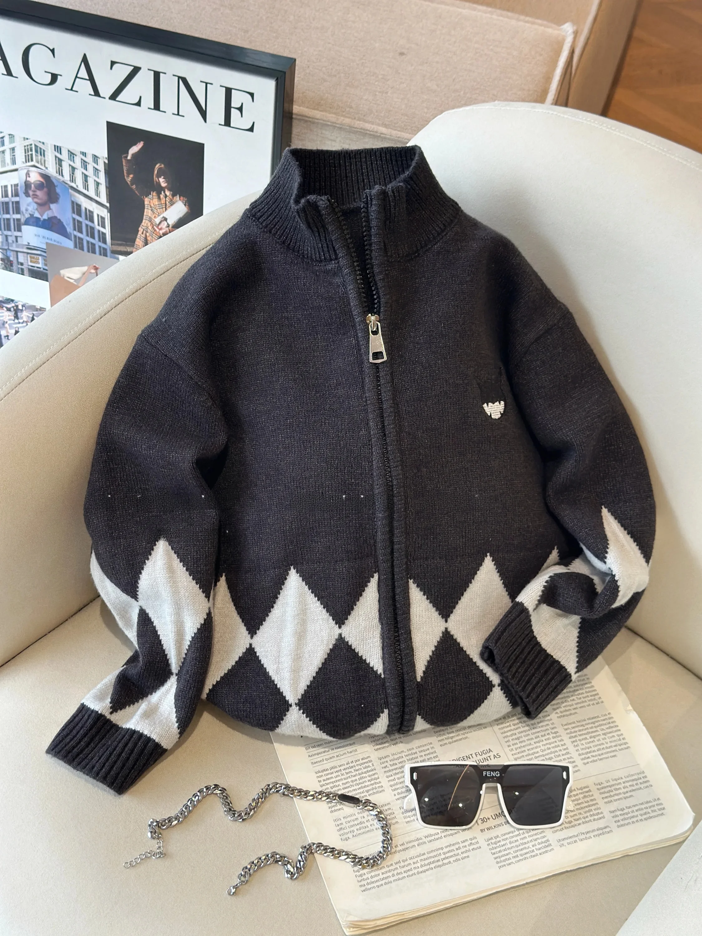 stylish-knitted-cardigan-for-boys-super-trendy-autumn-winter-children's-clothing-diamond-patterned-warm-long-sleeve-round-neck