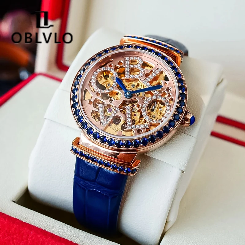 OBLVLO New Design Women Skeleton Automatic Watches Top Brand Luxury Rhinestone Female Mechanical Wrist Watch Relogio Feminino