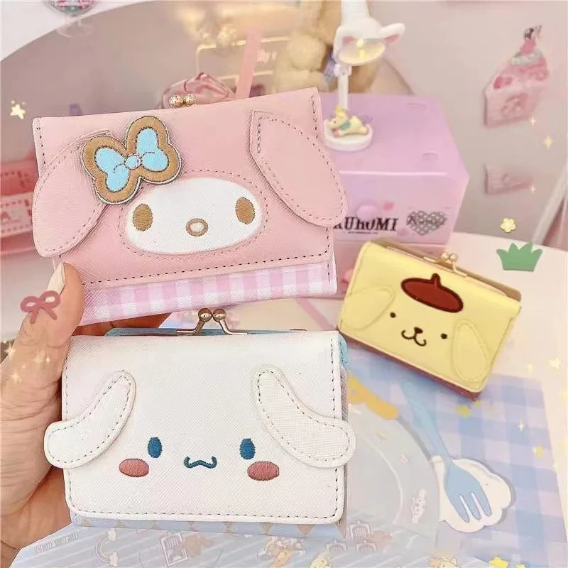 Sanrio Series Hello Kittle Peripheral Pu Wallet Leather Clip Buckle Hello Kittle Melody Kuromi Card Foreskin Clip Short Cartoon