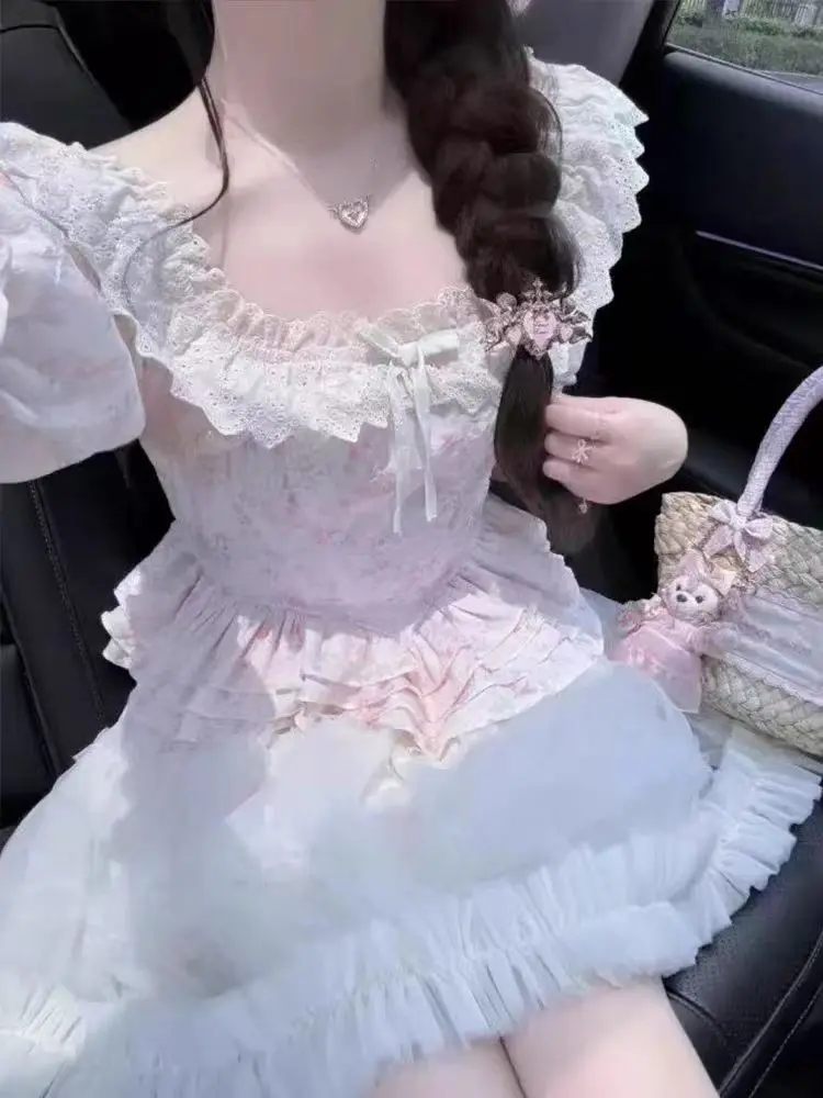 

Japanese Sweet Slim Puff Sleeve 2-piece Set Women Summer Lace Patchwork Square Neck Print Tops + Kawaii High-waist Short Skirt