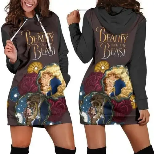 Beauty and the Beast 3D Hoodie Dress Fashion Disney Dress Sweatshirt Dress 3d All Over Print Women\'s Retro Hoodie