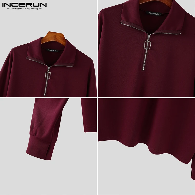 Tops de estilo informal a la moda INCERUN 2024 para hombre, suéter con hebilla y cremallera cuadrada lisa, abrigo, ropa de calle, jerséis de manga larga para hombre, S-5XL