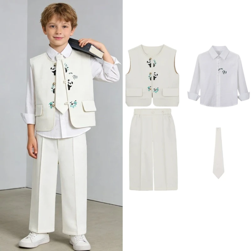 

Boys Chinese Style Suit Set Panda Embroidery Vest Long Sleeve Shirt Pants Kids Formal Tang Suit for Wedding Party Performance