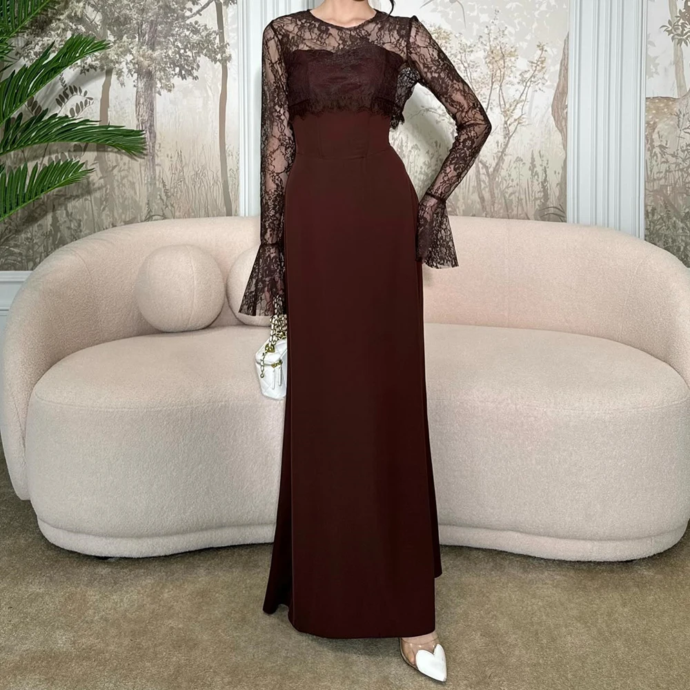 

Customized A-line Evening Dresses Ankle-length O-neck Full Sleeve Prom Gown Fashion Lace Simple Draped Casual Party Gown