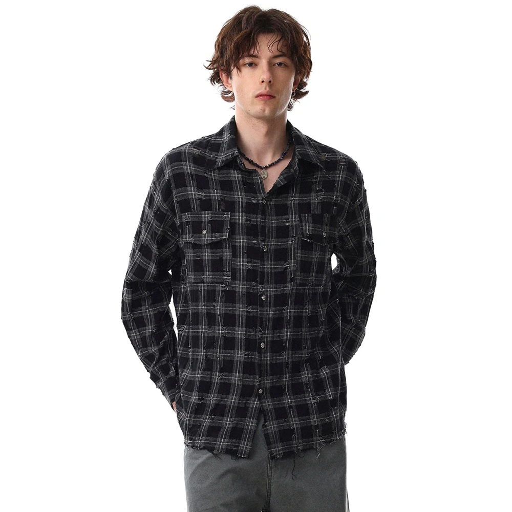 

Women's Oversize Plaid Shirt 2026 Trend Vintage Cotton Long Sleeve Casual Ripped Blouse Unisex Streetwear Top Female