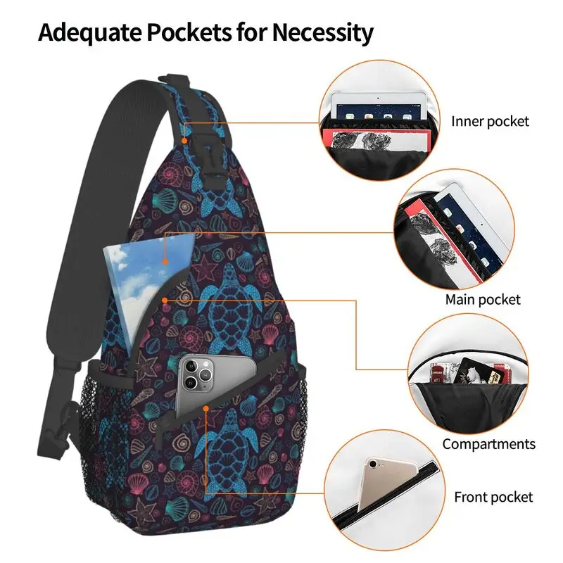 Tartarugas coloridas casuais com conchas, sling bag para viagens, caminhadas, peito de animais oceânicos masculino, mochila transversal, mochila de ombro