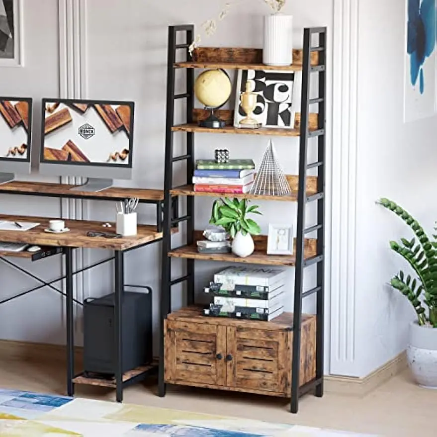 Bookshelf with Louvered Doors, 4-tier Ladder Shelf with Cabinet Industrial Accent Furniture for Bedroom Living Room Home