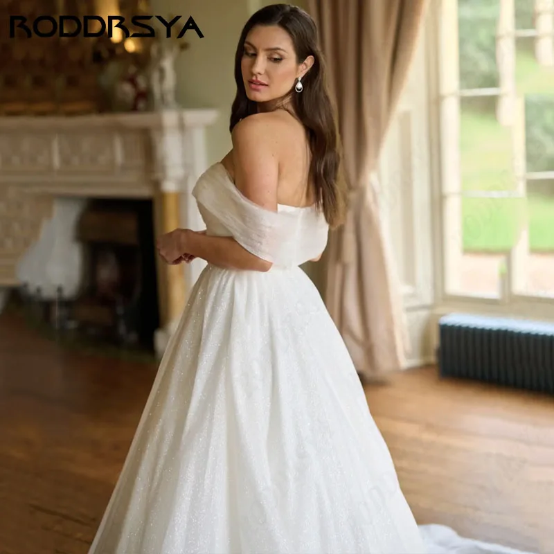 RODDRSYA-vestidos de novia de tul brillante, ropa Sexy con cuello en V, línea A brillante, hombros descubiertos, talla grande vestidos de novia de tul brillante, ropa Sexy con cuello en V, línea A brillante, hombros de