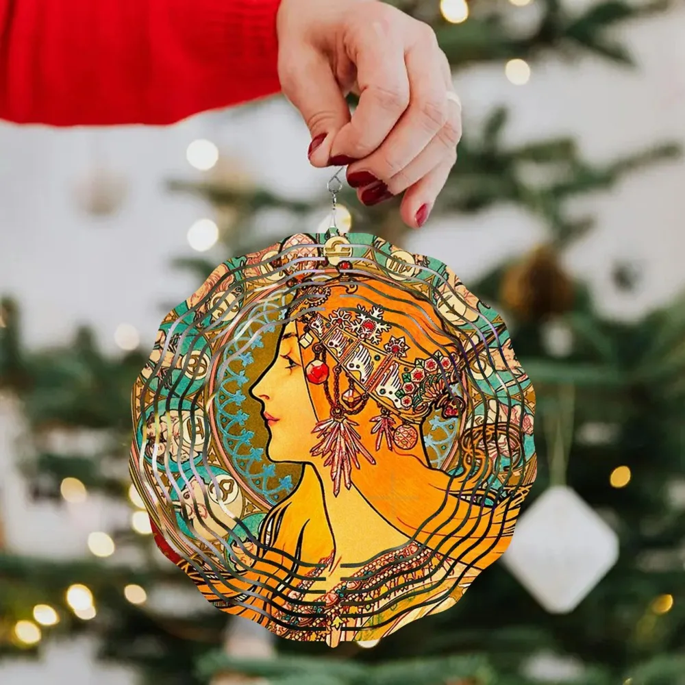 

Alphonse Mucha Metal Rotating Wind Chimes 360° Swivel Hook Art Nouveau Garden Decor 10 Inch Outdoor Hanging Ornament