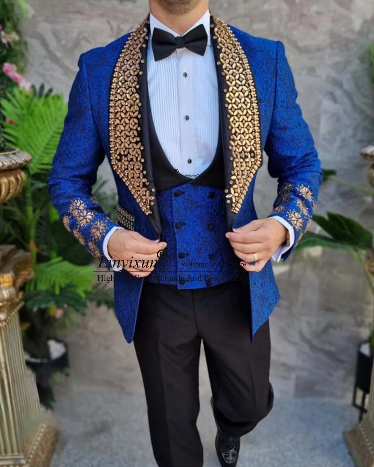 Luxury Jacquard Crystals Wedding Men Suits Glitter Beaded Groom Tuxedos 3 Pieces Sets Party Blazers Slim Male Prom Costume Homme