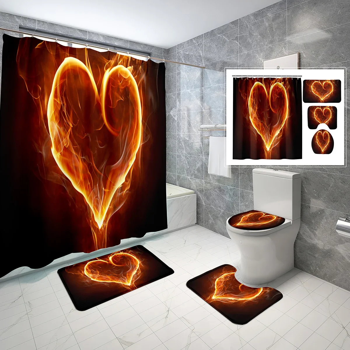 Flame for Love Shower Curtain Sets,Romantic Heart Pink Sparks 4 Pcs Waterproof Bath Curtain,Non-Slip Bath Mat Toilet Cover Set