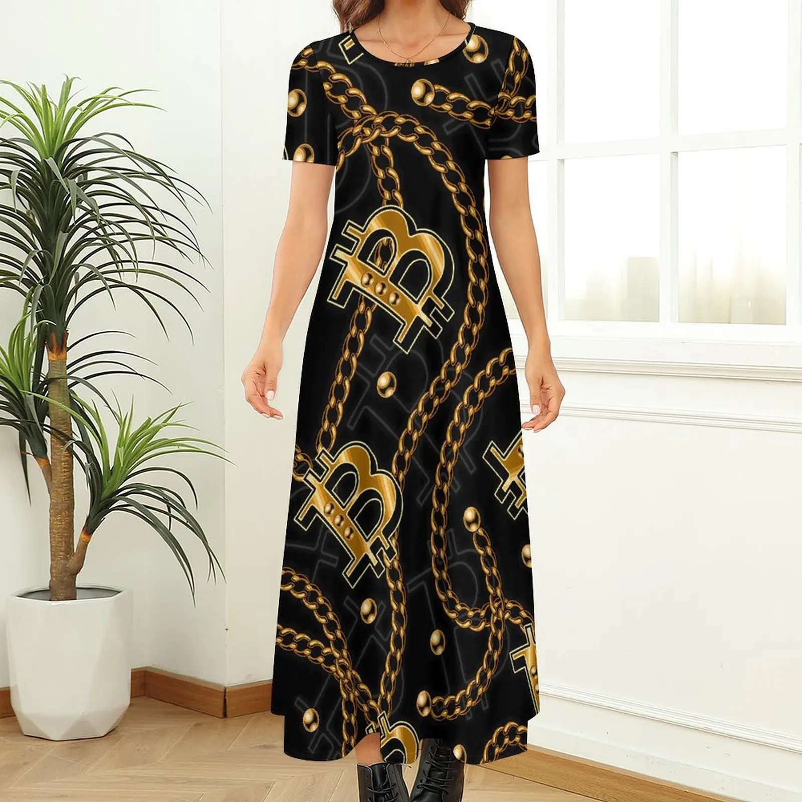 Gold Chains Print Dress Bitcoin Blockchain Modern Maxi Dress Streetwear Bohemia Long Dresses Lady Short Sleeve Oversized Clothes