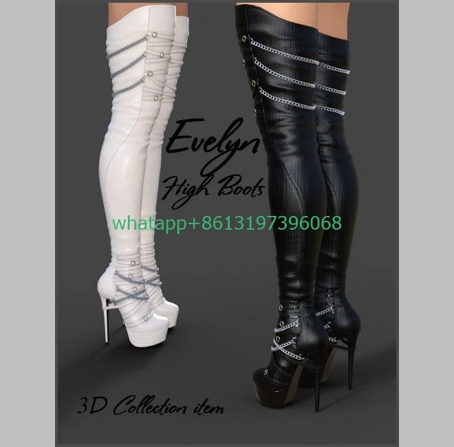 

Lady chain design white PU platform thigh boots sexy stiletto heel black PU over the knee boots dance dress boots size 35-46