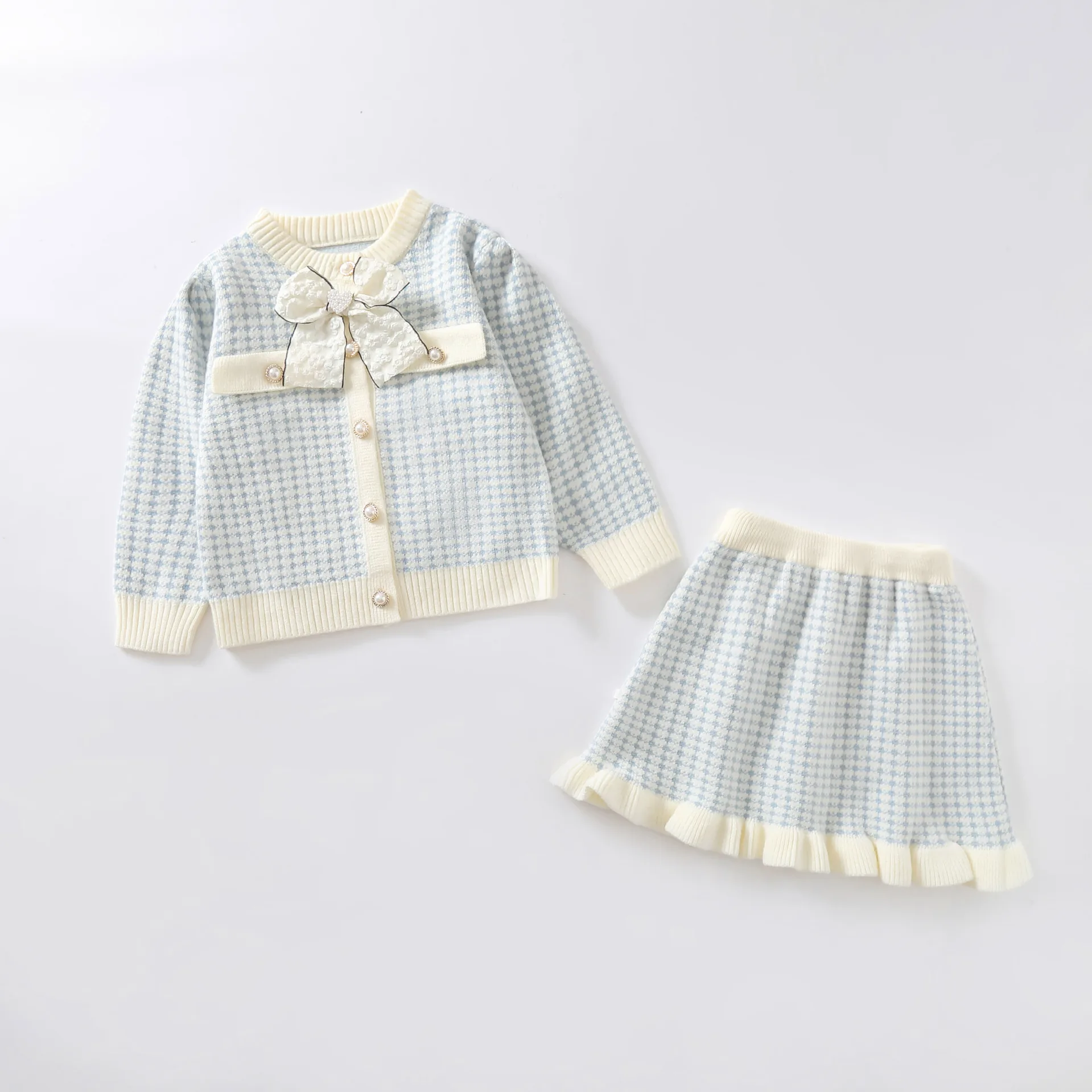 Childrens Clothing 2024 Korean Sweater Cardigan Set Skirt Fashionable Knitting Gentle Two-piece Set