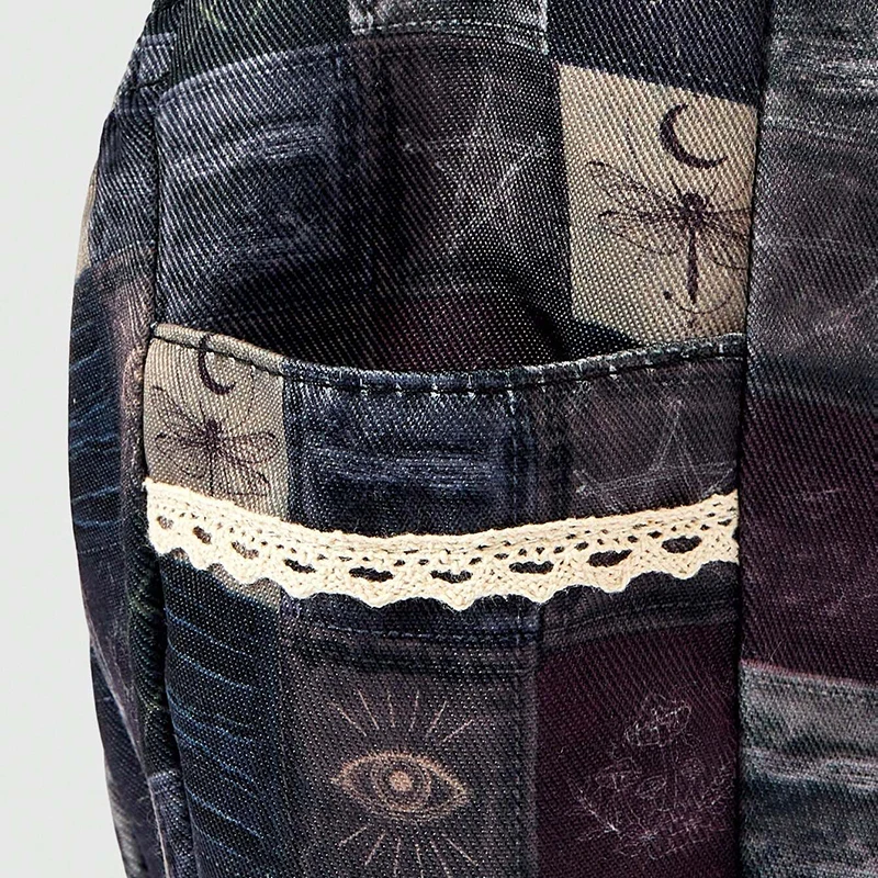 Sonnen-Mond-Stern-Print Patchwork Canvas Schultertasche, Vintage Handtasche mit Reißverschluss, Damen Pendler-Arbeitstasche Retro Leichte Tragetasche – Detail 2