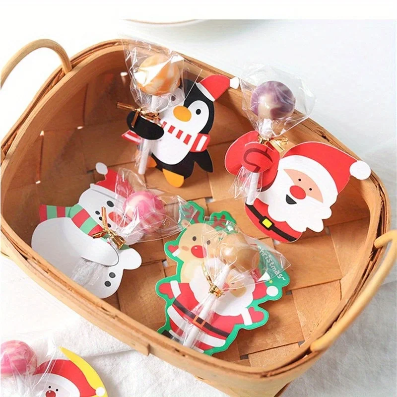 50 Stück Weihnachtslutscher-Papierkarten, Cartoon-Weihnachtsmann, Pinguin, Schneemann, Süßigkeiten, Geschenke, Paketverpackung, Neujahrsparty-Dekoration