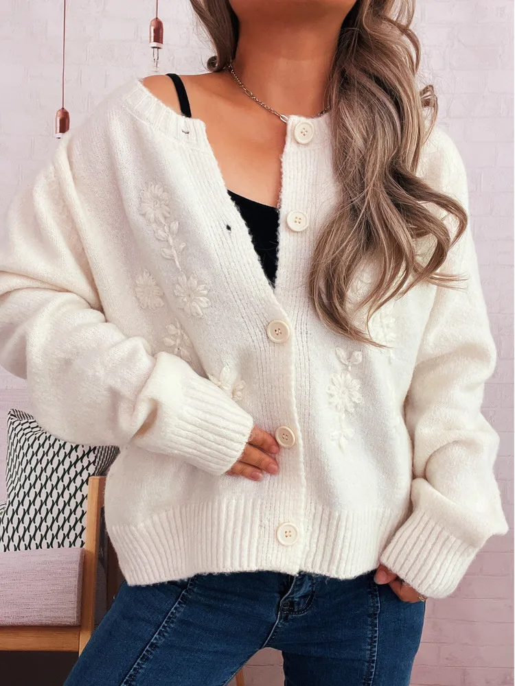

women's Autumn Winter Floral Embroidery Solid Color Knitted Cardigan female 2025 Round Neck Long Sleeve Sweater coats