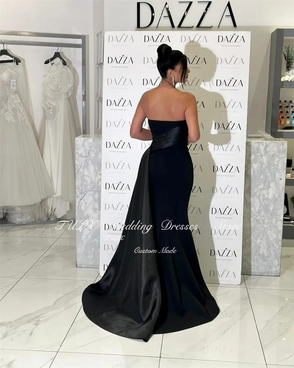 TULX – robe de bal sirène noire, sans bretelles, en Satin, élégante, sans manches, longueur au sol, robe formelle avec traîne, personnalisée