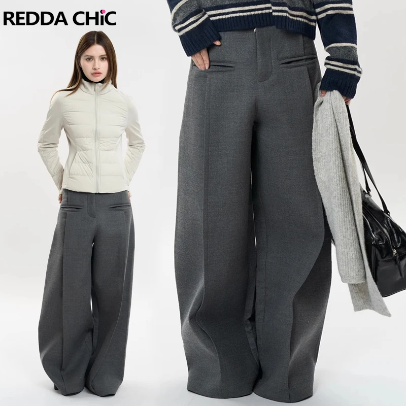 REDDACHiC Retro Gray Pleated Work Pants for Women Slant Pockets Wide Leg Palazzo Suit Trousers Office Casual Plus Size Clothes