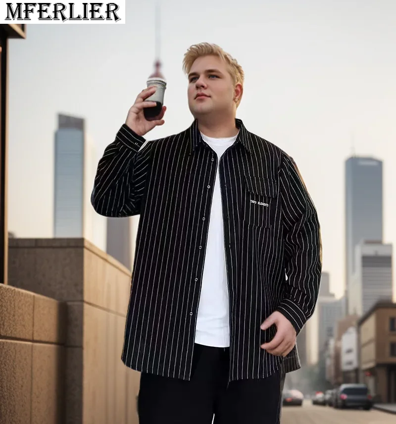 

Large size 8XL men's shirt striped spring new long sleeve shirt loose casual shirt pockets