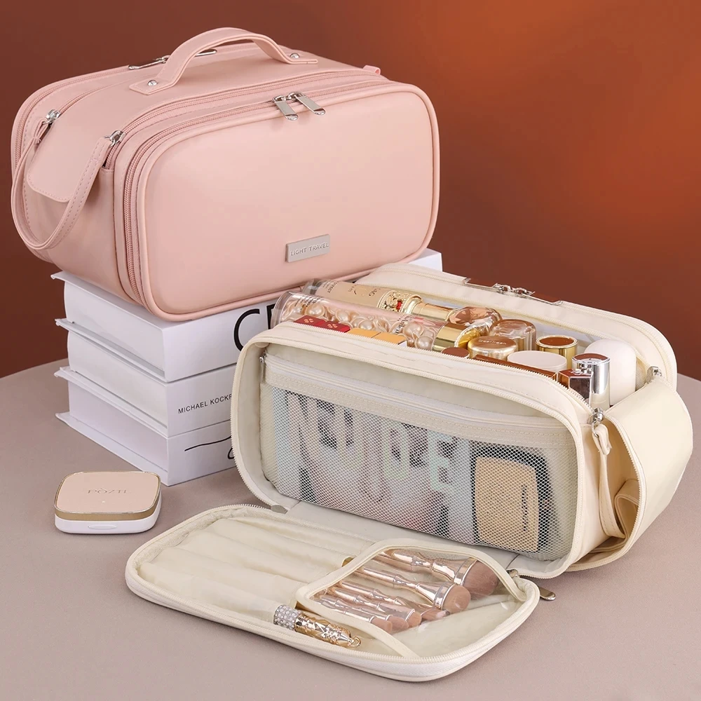 Leather Toiletry Bag for Men Large Traveling Shaving Double Zipper Makeup Bag Waterproof Hanging Bag Cosmetic Washing Organizer