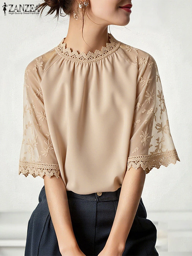 ZANZEA Blusa elegante de encaje para mujer, Tops tipo túnica informales con cuello levantado de otoño, Blusas femeninas OL de oficina de retales a la moda 2025