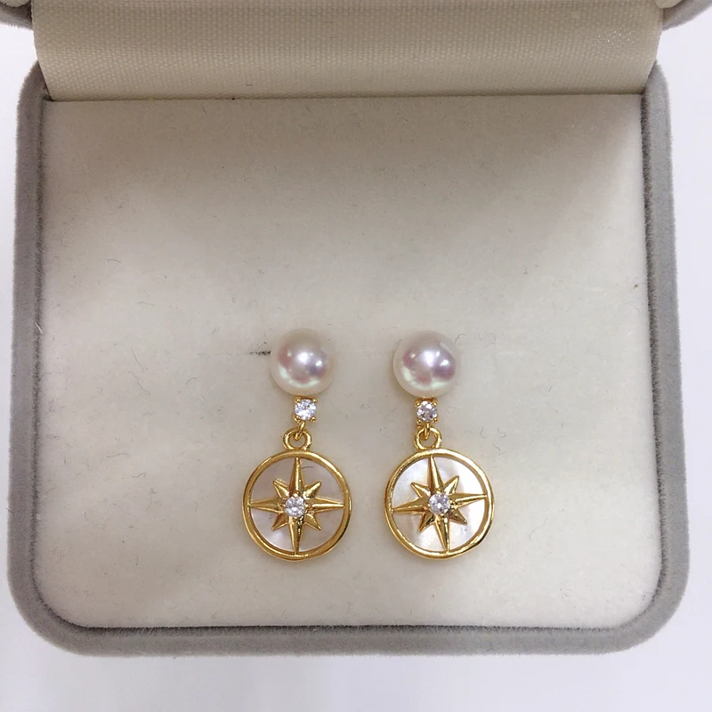 ZHBORUINI Natural Freshwater Pearl Earrings Exquisite Natural Seashell Hexagonal Star Pearl Earrings S925 Pure Silver Needle