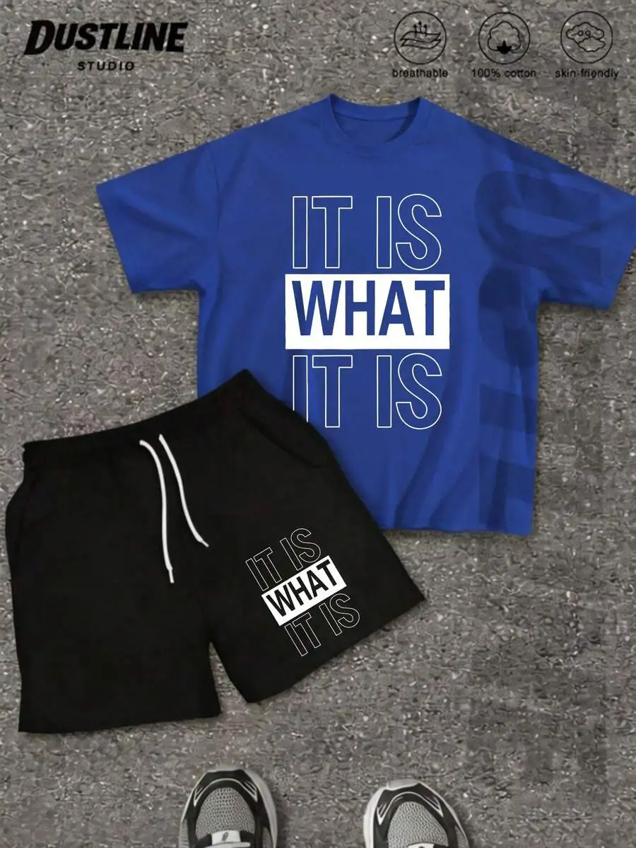

Mens Cotton T-Shirt And Drawstring Shorts Set Casual Printed Round Neck Short Sleeve Co-Ord