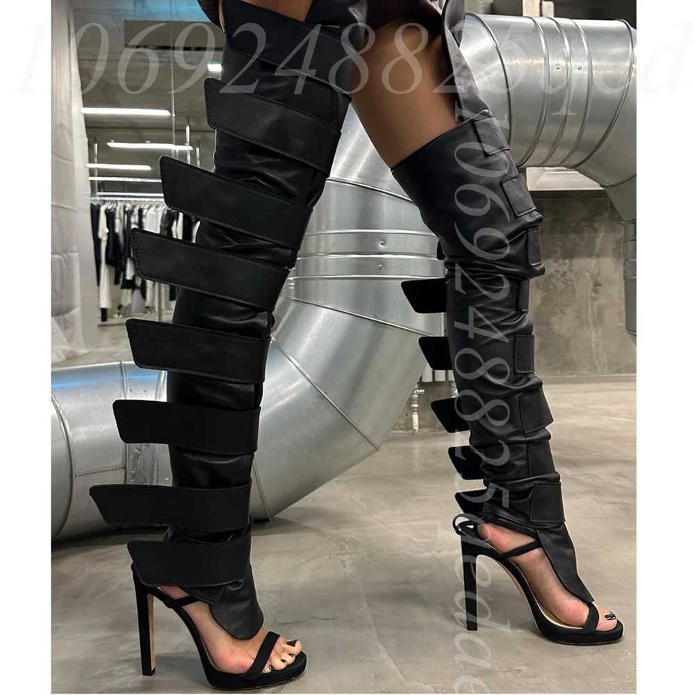 

Women's Black Thigh High Open Toe Boots, Multi Strap Wrap Design, Backless Heel, Stiletto Heel with Spiked Strap Accents Shoes