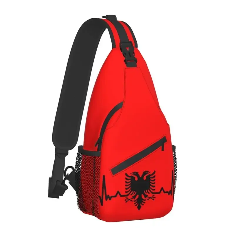 Heartbeat Albania Flag Sling Chest Bag Custom Albanian Eagle Shqiponja Crossbody Shoulder Backpack for Men Traveling Daypack