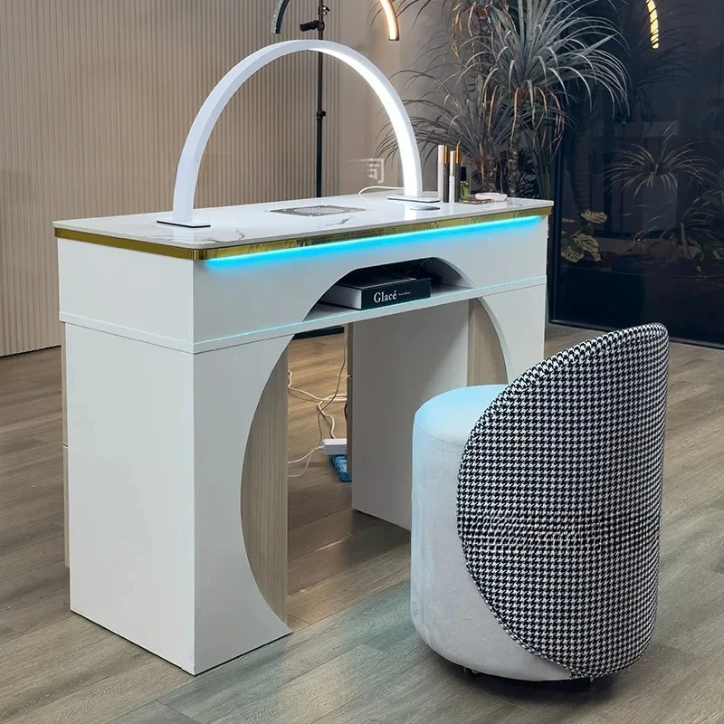 Influencer Style Painted Manicure Table, Multifunctional Nail Workstation with Built-in LED Ambient Lighting, for Nail Salon