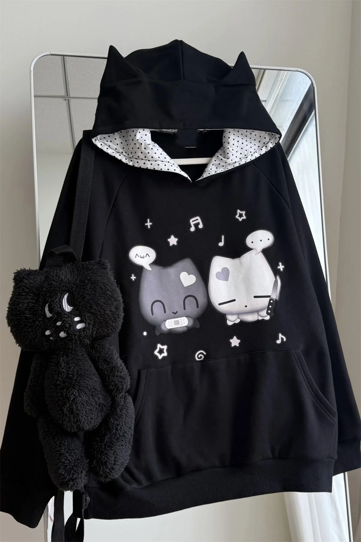 Ropa Mujer Japanese Cute Hoodies Coats Cute Cat Print Hooded Sweatshirts Y2K Tops Women Clothing Casual Zipper Loose Hoodie